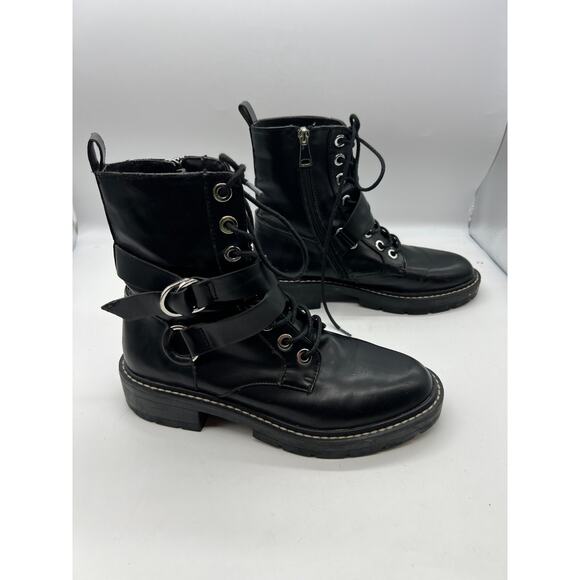 Pull & Bear Black Combat Moto Boots Laces Buckles size 39 Ankle Boots - Fair - Picture 3 of 11